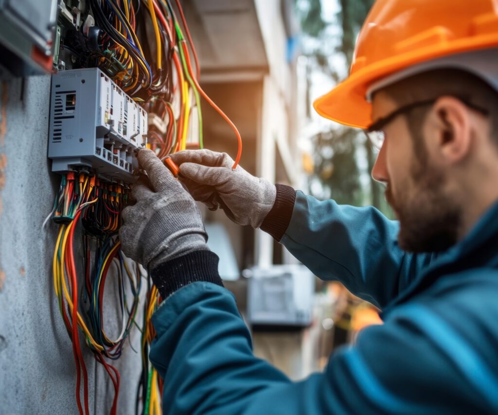 A professional electrician connecting wires to a new electrical socket on a construction site.